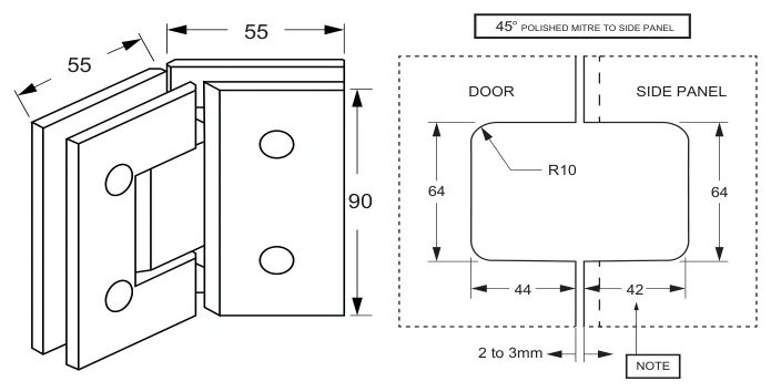 Bevelled glass to Glass Hinge Set 135° technical drawing (B-ES2 135)
