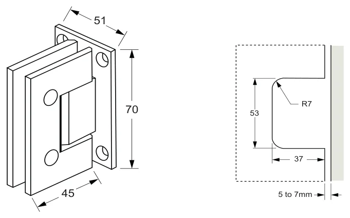 Wall to Glass Hinge Centre T Mount - Mycro technical drawing (C-MES1)