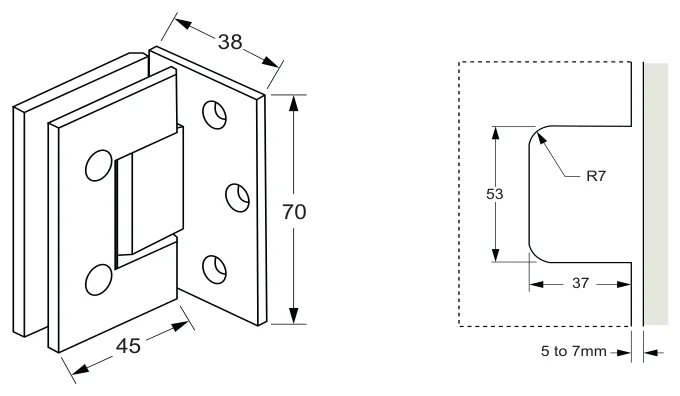 Wall to Glass Hinge Single Side Mount - Mycro technical drawing (C-MES1L)