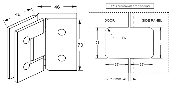 Glass to Glass Hinge Set 135° - Mycro technical drawing (C-MES2 135)