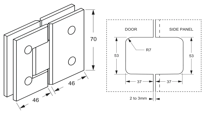 Glass to Glass Hinge Set 180° - Mycro technical drawing (C-MES2)