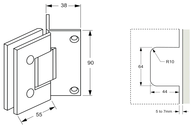 Wall to Glass Hinge 90° Mount technical drawing (ES1 90)