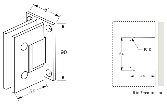 Wall to Glass Hinge Centre T Mount technical drawing (ES1)