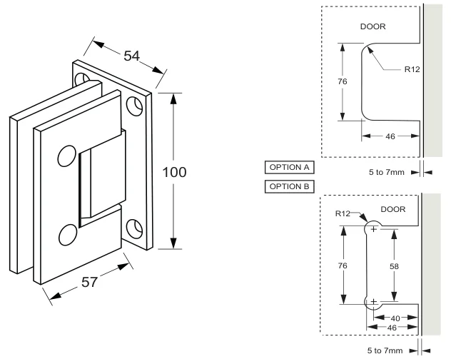Wall to Glass Hinge Centre T Mount - Heavy Duty technical drawing (ES1 HD)