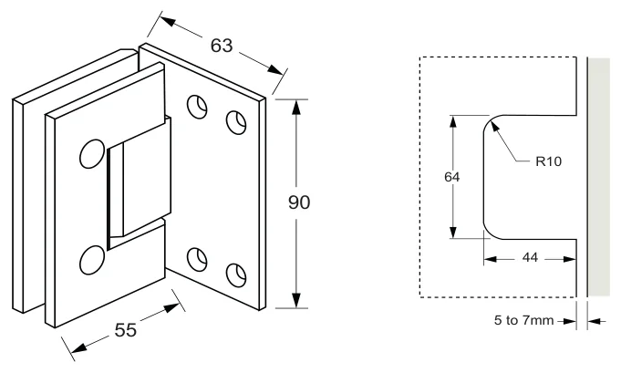 Wall to Glass Hinge Extended Mount technical drawing (ES1L CBP)