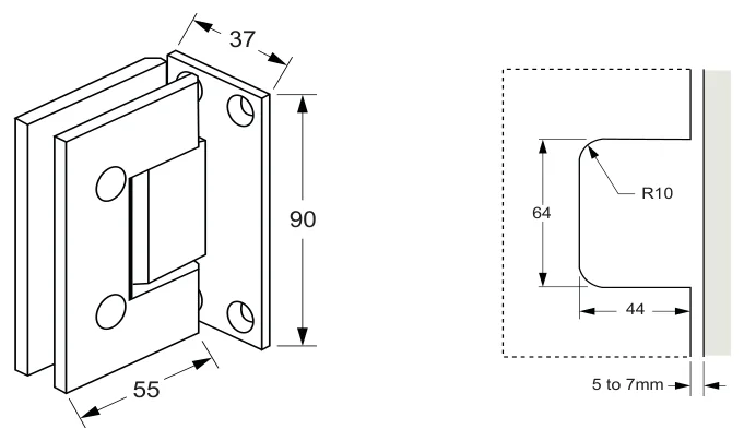 Wall to Glass Hinge Single Side Mount technical drawing (ES1L)