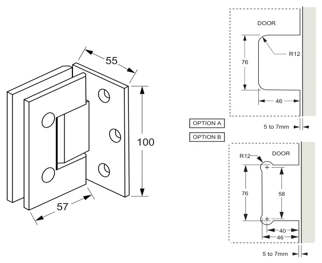 Wall to Glass Hinge Single Side Mount - Heavy Duty technical drawing (ES1L HD)