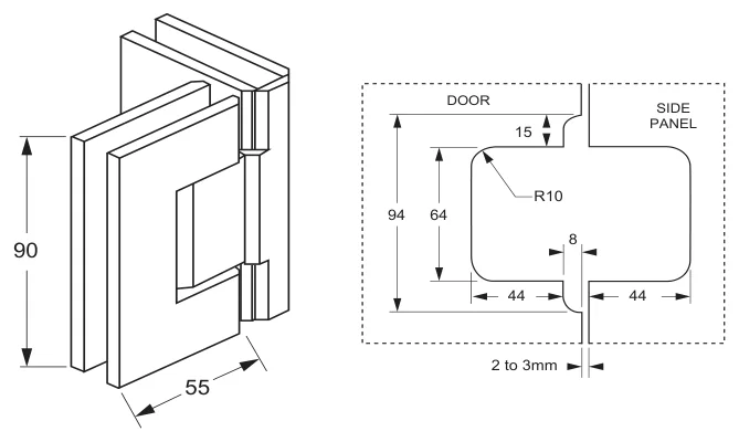 Glass to Glass Hinge Set 90° technical drawing (ES2 90)