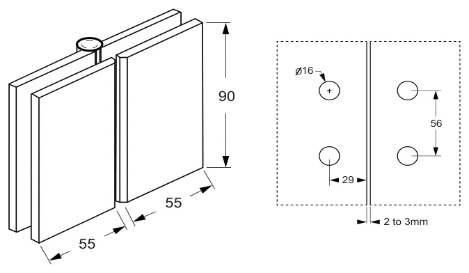 Glass to Glass Hinge Set 180° BiFold technical drawing (ES2 BF)