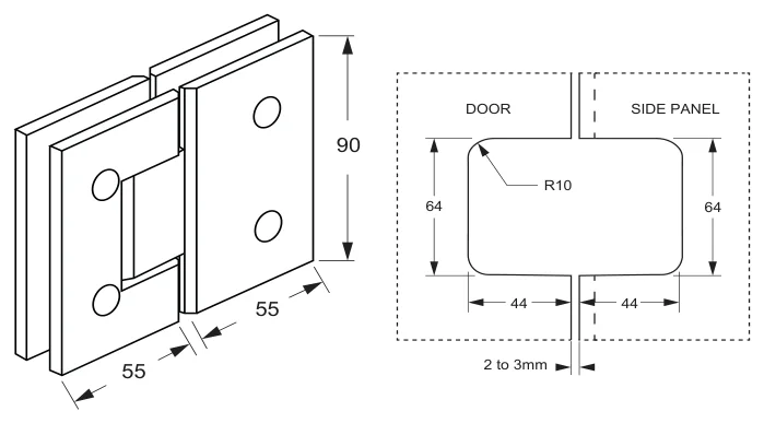Technical drawing of a glass to glass hinge