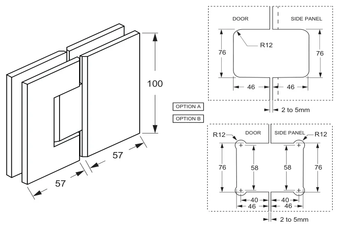 Glass to Glass Hinge 180° - Heavy Duty technical drawing (ES2 HD)