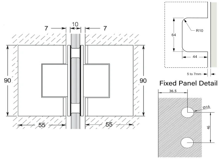 Glass to Glass Back to Back Hinge technical drawing (ES3)