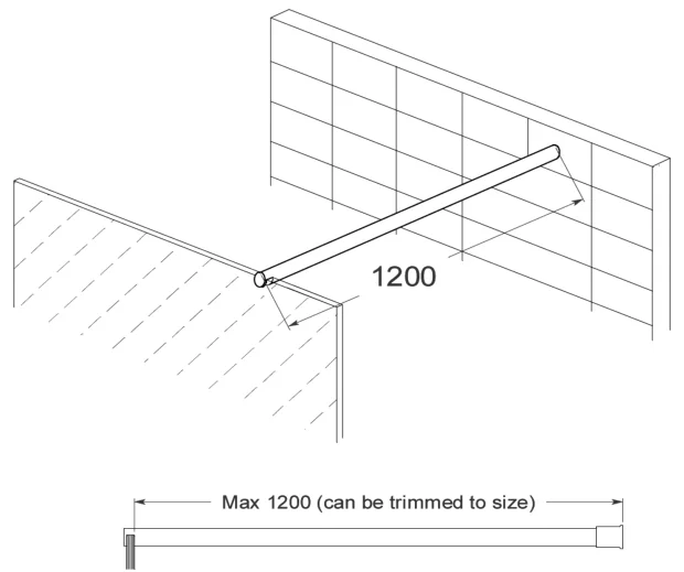 Cut to Size Overpanel Glass to Wall Header Bar technical drawing (FGWB1200 OPF)