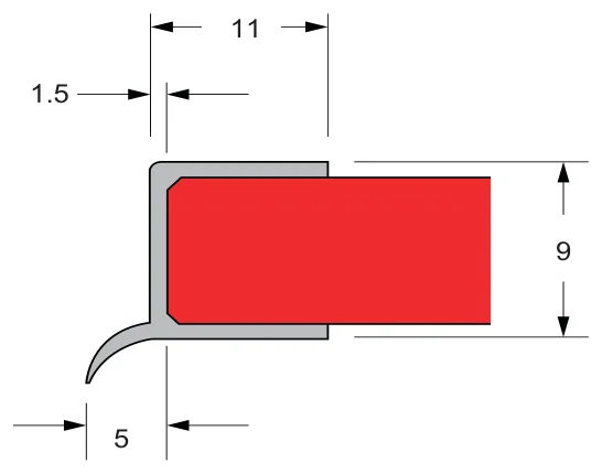 Rigid Channel and Flexible Fin Water Seals, 10mm glass technical drawing (FWS-10-05)