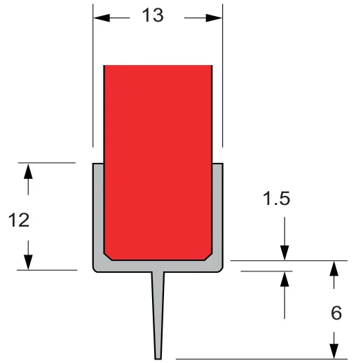 Rigid Channel and Flexible Fin Water Seals, 10mm glass technical drawing (FWS-10-06)