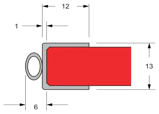 Rigid Channel and Flexible Fin Water Seals, 10mm glass technical drawing (FWS-10-07)