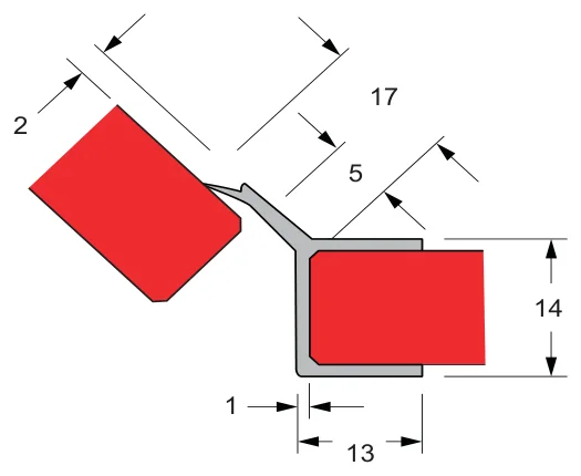 Rigid Channel and Flexible Fin Water Seals, 10mm glass technical drawing (FWS-10-09)