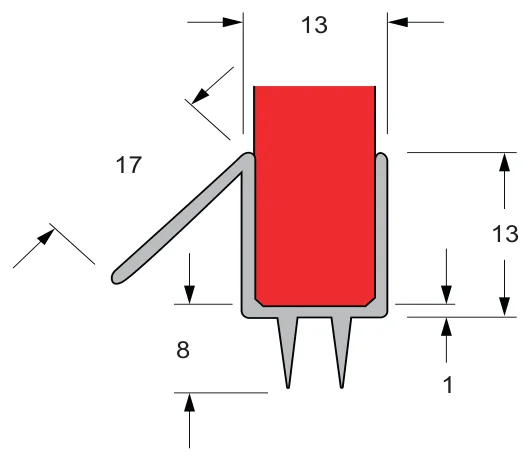Rigid Channel/Deflector and Flexible Fin Water Seals, 10mm glass technical drawing (FWS-10-10)