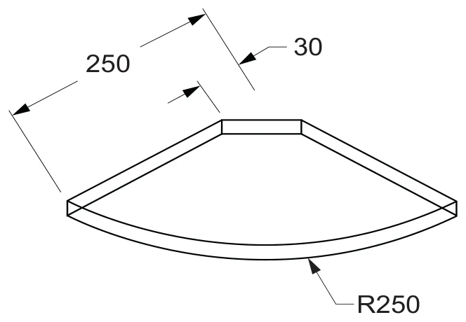 250mm Radius Glass Corner Shelf technical drawing (GS-QUAD 250)
