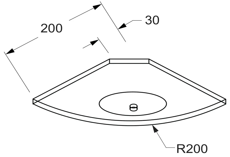 200mm Radius Glass Corner Soap Shelf technical drawing (GS-QUAD SOAP)