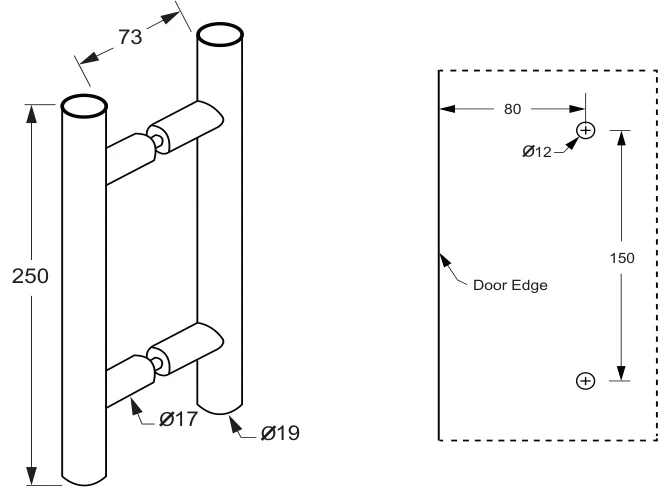 250mm Fineline Double Pull Handle Set technical drawing (MARSH 250)
