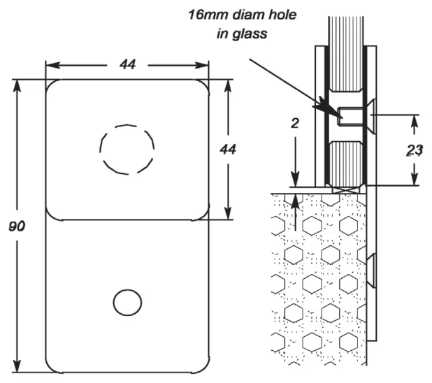 180° Glass to Wall Bracket, 6mm glass technical drawing (MSB180)
