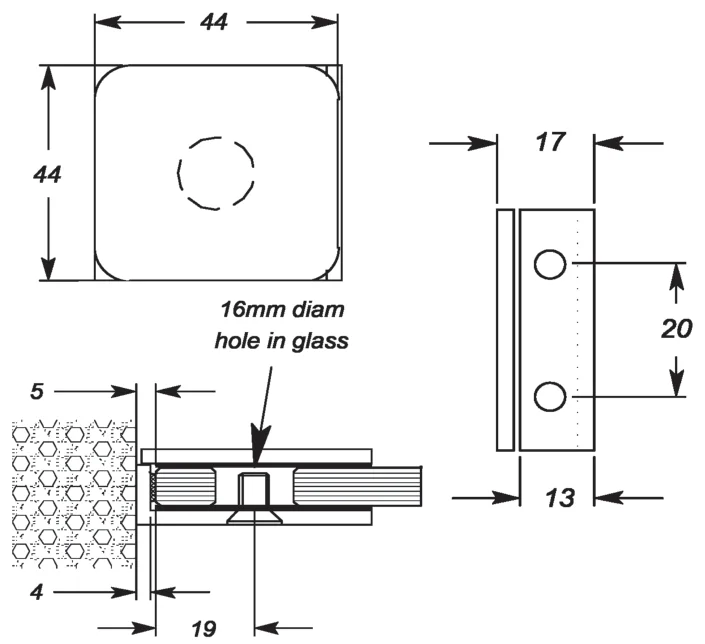 90° Glass to Wall Bracket, 6mm glass technical drawing (MSB45)
