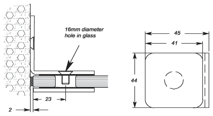 90° Glass to Wall/Floor Bracket, 6mm glass technical drawing (MSB50)