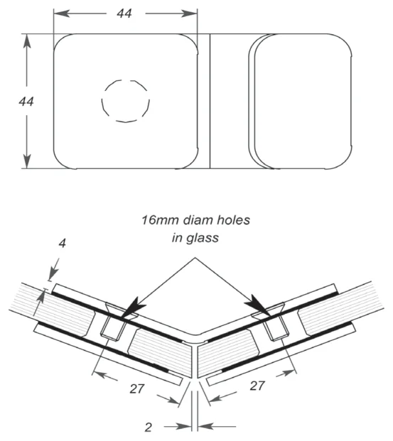 135° Glass to Glass Bracket, 6mm glass technical drawing (MSBD135)