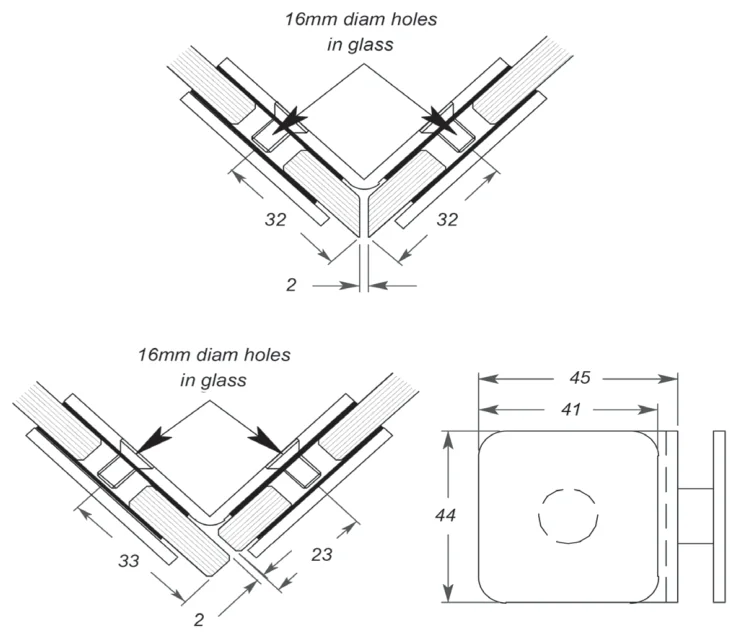 90° Glass to Glass Bracket, 6mm glass technical drawing (MSBD50)