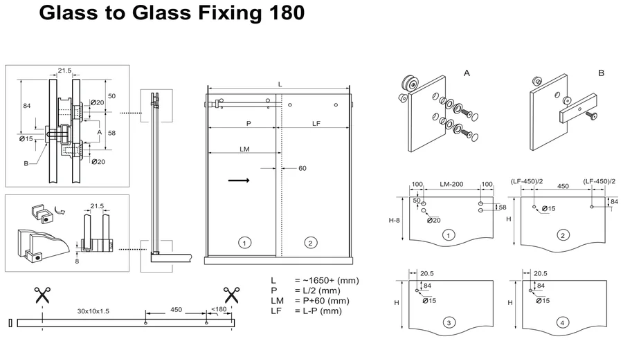 Sliding Shower Extension Kit, Glass to Glass 180° technical drawing (OPTO EXT KIT)