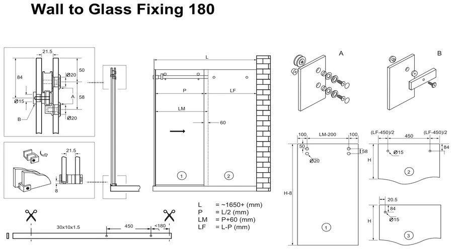 Sliding Shower Extension Kit, Wall to Glass 180° technical drawing (OPTO EXT KIT)