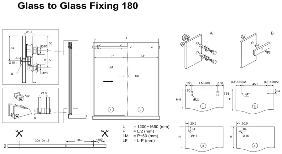 Sliding Shower Kit, Glass to Glass 180° technical drawing (OPTO KIT)
