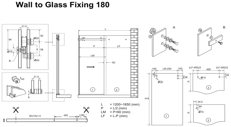 Sliding Shower Kit, Wall to Glass 180° technical drawing (OPTO KIT)