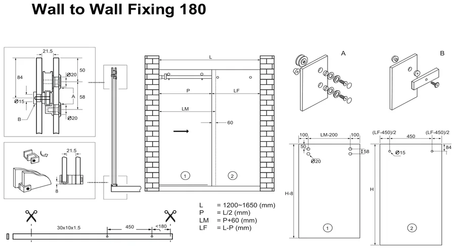 Sliding Shower Kit, Wall to Wall 180° technical drawing (OPTO KIT)
