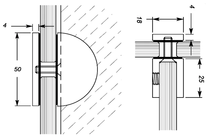 Glass to Glass Shelf Bracket, round technical drawing (SB10 GF)