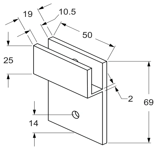 180° Glass to NIB Wall/Bath Bracket, square technical drawing (SB10 VL SQ)
