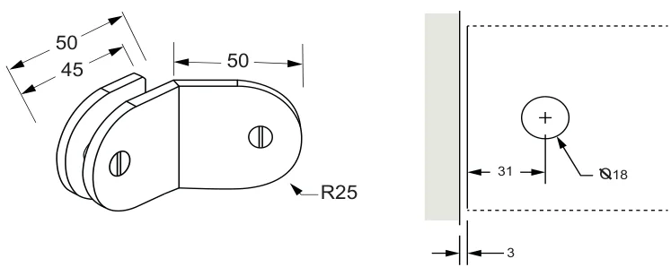 135° Glass to Wall Bracket, round technical drawing (SB135)