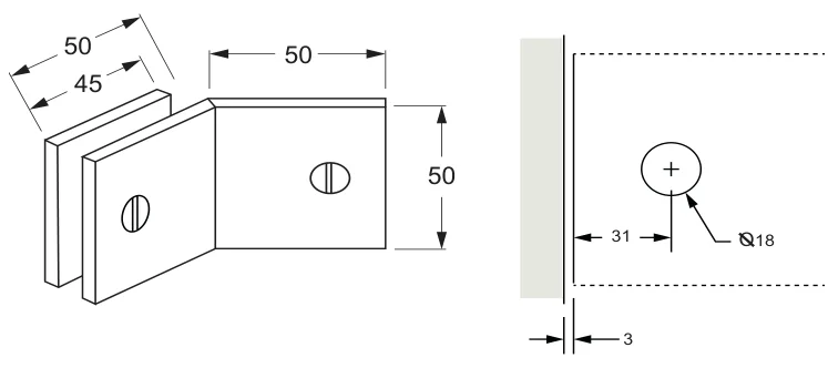 135° Glass to Wall Bracket, square technical drawing (SB135 SQ)