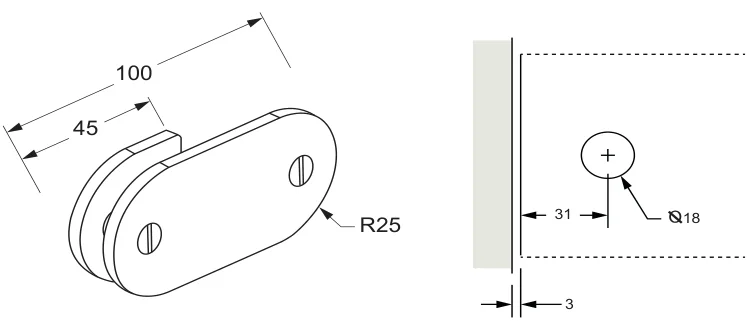 180° Glass to Wall/Floor Bracket, round technical drawing (SB180)