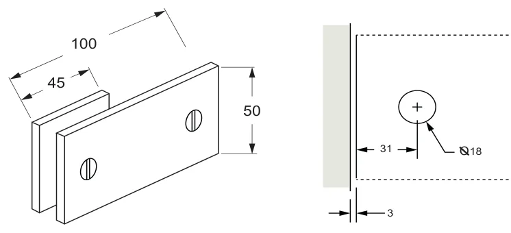 180° Glass to Wall Bracket, square technical drawing (SB180 SQ)