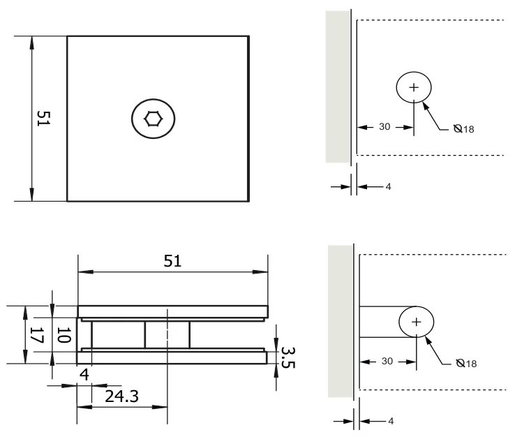 90° Glass to Wall Bracket, slotted technical drawing (SB45 SQ)