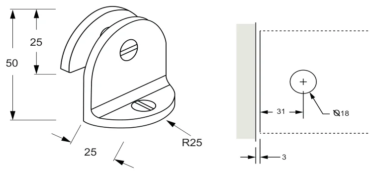 90° Glass to Wall/Floor Bracket, short round backplate and short leg technical drawing (SB50 C1)