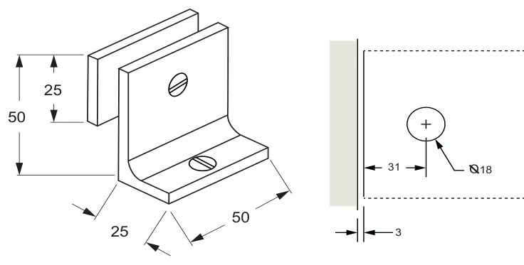 90° Glass to Wall/Floor Bracket, short square backplate and short leg technical drawing (SB50 C1 SQ)