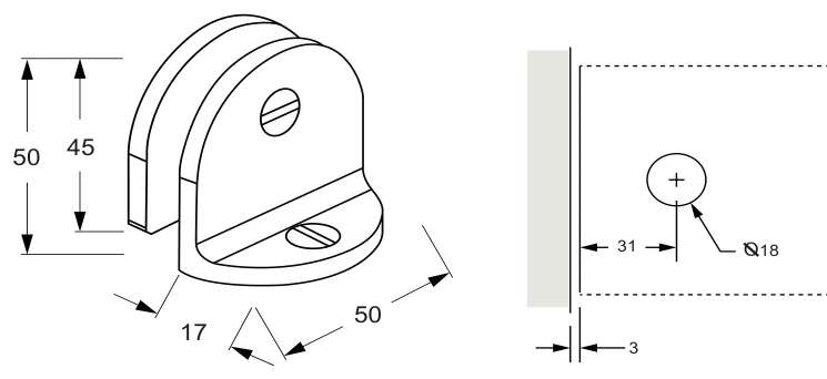 90° Glass to Wall/Floor Bracket, full round backplate and short leg technical drawing (SB50 C2)