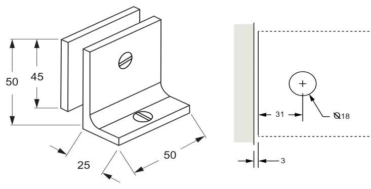 90° Glass to Wall/Floor Bracket, full square backplate and short leg technical drawing (SB50 C2 SQ)