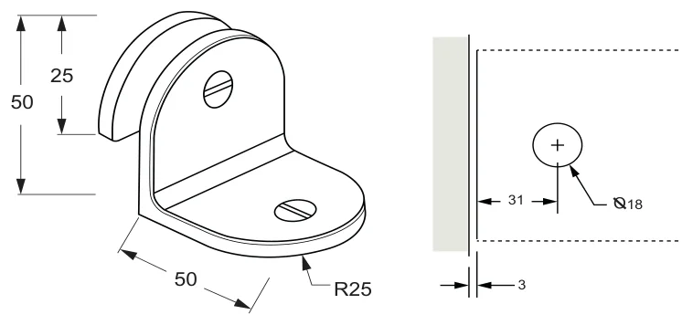 90° Glass to Wall/Floor Bracket, short round backplate and full leg technical drawing (SB50 C3)