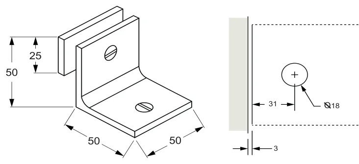 90° Glass to Wall/Floor Bracket, short square backplate and full leg technical drawing (SB50 C3 SQ)
