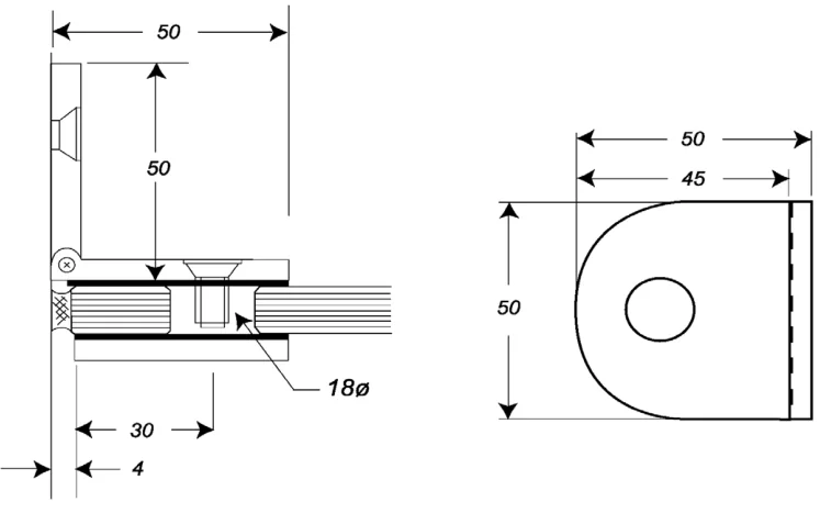 Adjustable Glass to Wall/Floor Bracket, round technical drawing (SB50 CAB)