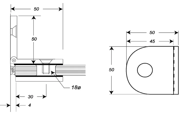 Adjustable Glass to Wall/Floor Bracket, square technical drawing (SB50 CAB SQ)